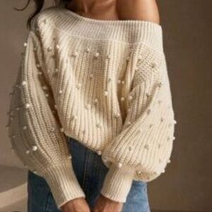 Sachin + Babi Cream Off-Shoulder Sweater with Pearl Details